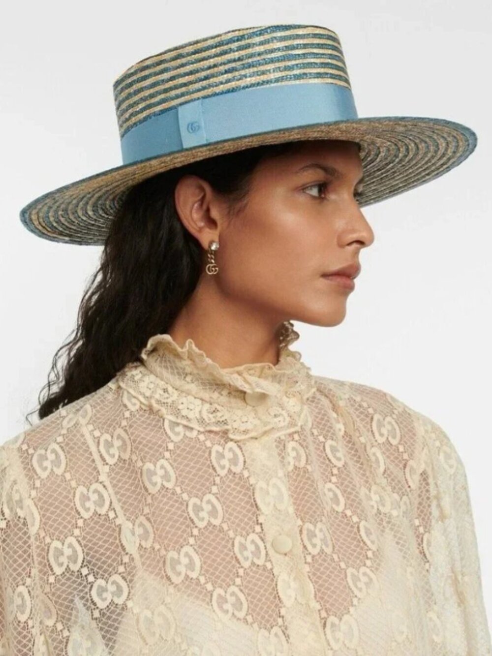 GUCCI Alvy Striped Beige and Light Blue Raffia Straw Hat - PRICE FIRM - Picture 16 of 16
